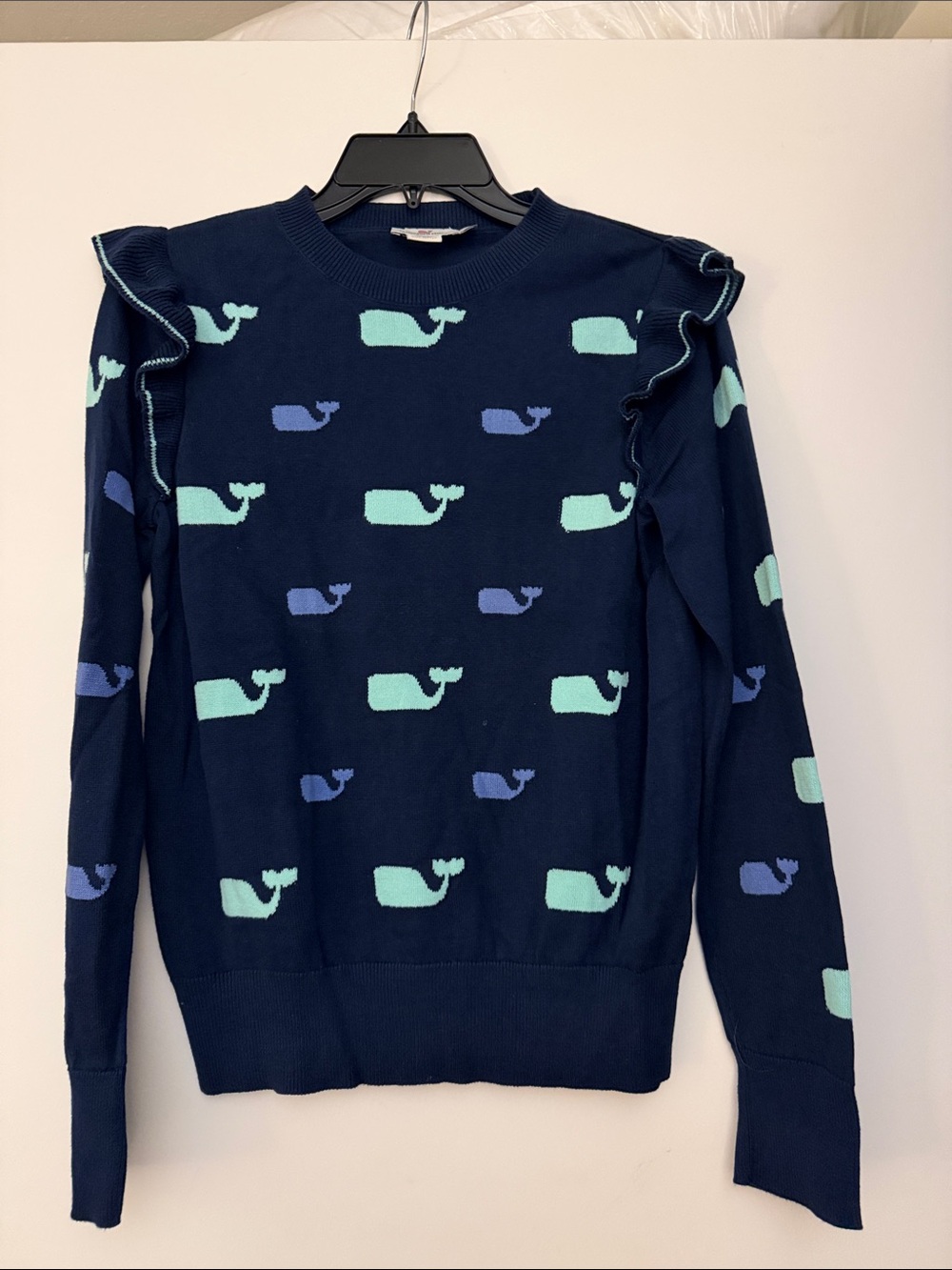 Vineyard Vines Navy Crewneck ruffle sleeve Whale Motif Sweater